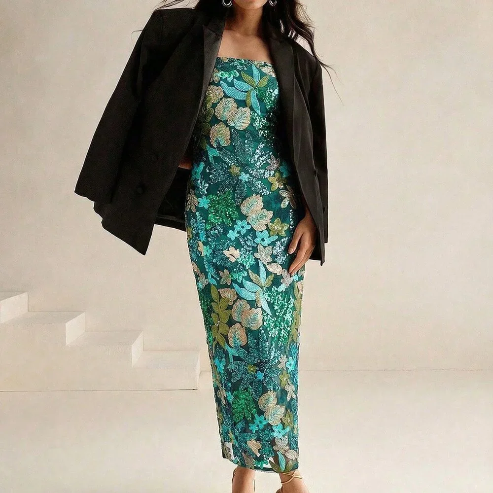 Green Boho Women's Elegant Colorful Printed Beaded Maxi Strapless Dress - Picture 7 of 8